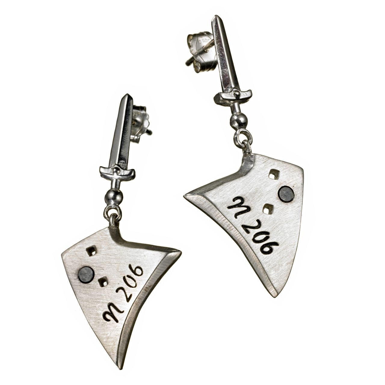 Sterling Silver and Gunmetal Sword & Plowshare Drop Earrings